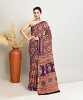 Purple Geometric Floral Pure Ajrakh Handblock Printed Sico Chanderi Saree